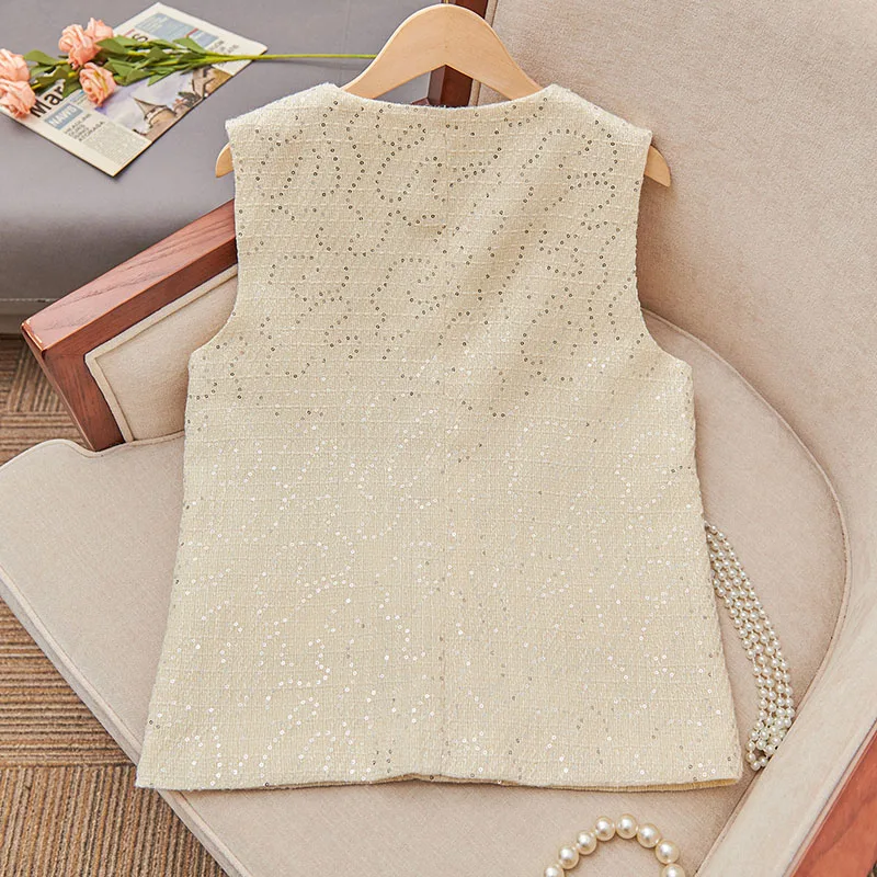 Elegant Women Vest Coat Round Collar Tweed Sequins Pearl Clasp Shoulder Top Mature Lady  Autumn Winter Fashion Sleeveless Jacket