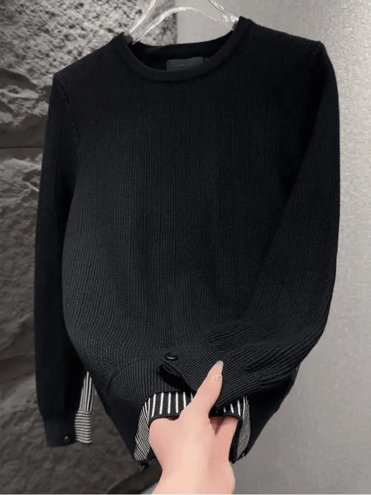 

Autumn Winter Men's Knitted Sweater round Ne Base Layer irt Casual Loose Fit Fake Two-Piece Soft Comfortable Thiened Lo...