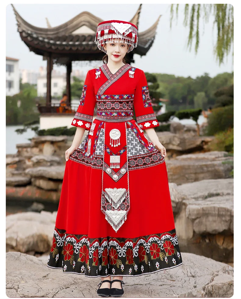 

Chinese Miao Dance Dress Hmongb Women Stage Red Folk Include Hat