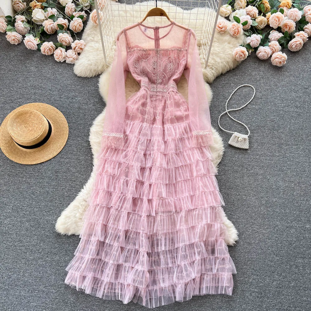 

Designer Fashion Dress Spring Women's Long Sleeve Patchwork Mesh Sequins Embroidery Flower Cascading Dress