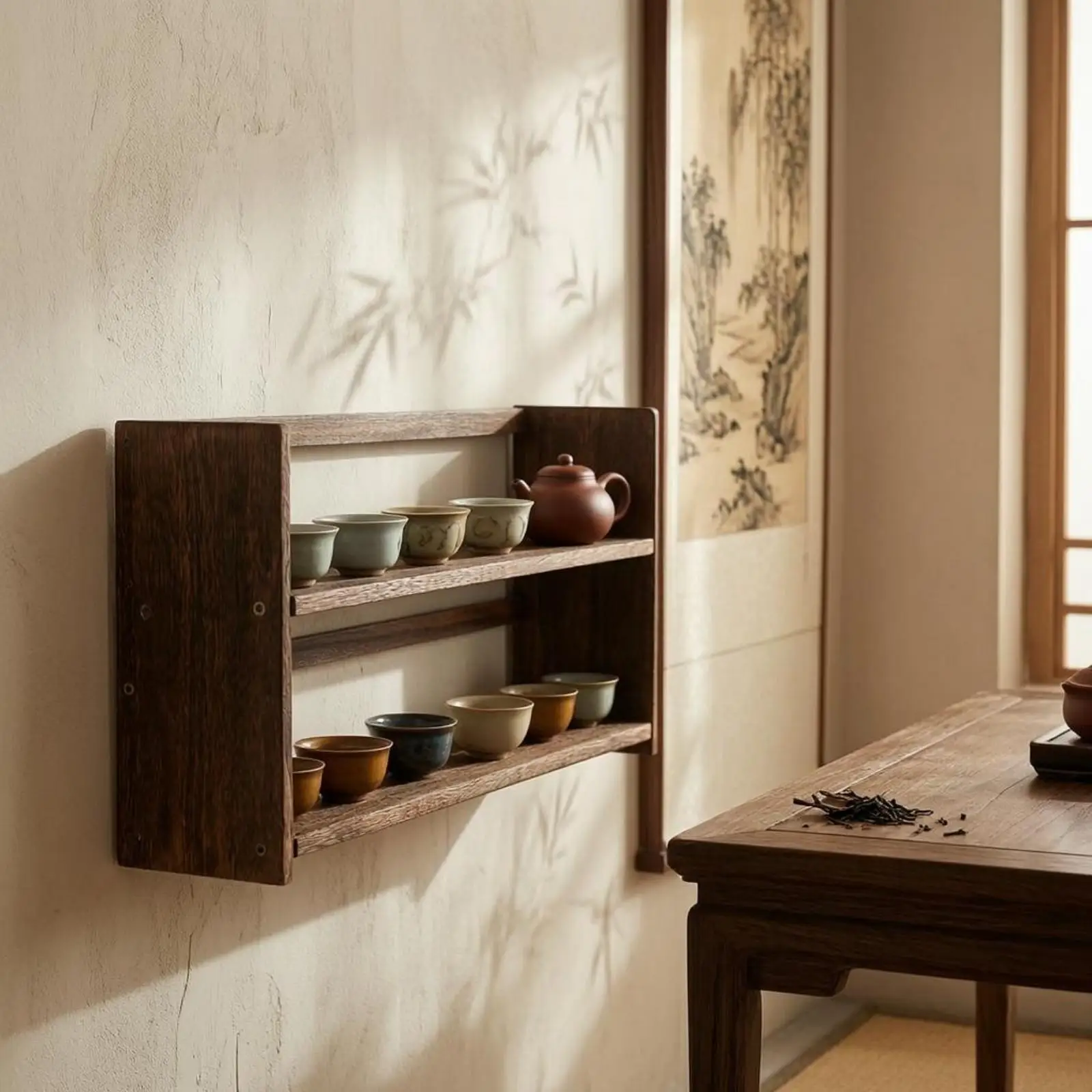 Solid Wood Wall Mounted Shelf Vintage Two Tier Display Rack Wooden Shelf for Living Room