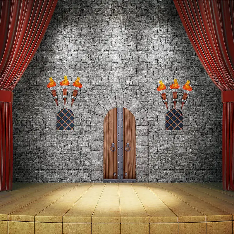 Medieval Party Decor Castle Brick Stone Wall window Torch Backdrop Ancient Knight Keeper Kingdom Prison Halloween Background