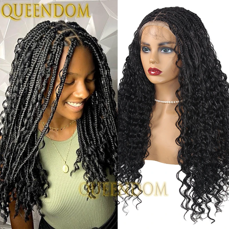 Synthetic Full Lace Box Braid Wig 24 Inch Deep Wave Crochet Bohemia Braids Wig Knotless Cornrow Plait Braided Wig With Curly End