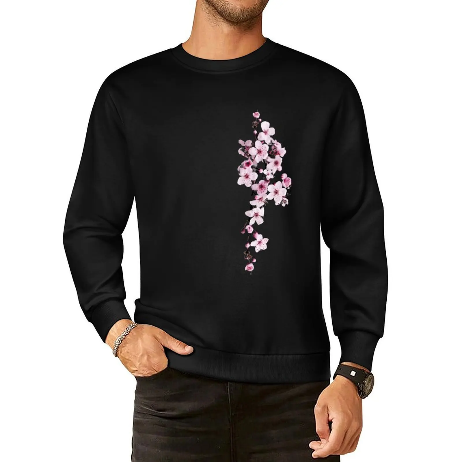 One-side Cherry Blossom Branch Pullover Hoodie anime clothes clothes for men men's clothing hooded sweatshirt