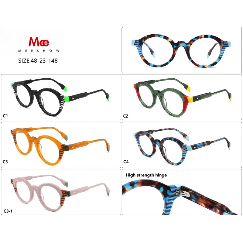 MEESHOW NEW 145mm Men's Retro Glasses Frames Fashion Men Acetate Frame New Round Handmade Stitching Color Customized Women Frame