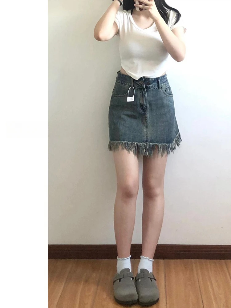 Dżinsowa spódnica w stylu retro z frędzlami, wysoki stan, damska, jesienna, plus size, zakrywająca brzuch, wyszczuplająca, duży rozmiar, spódnica w kształcie litery A.