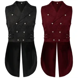 Men Medieval Vest Steampunk Coat Victorian Prom Costume Pleated Waistcoat Retro Top Double-breasted Jacquard Cloth