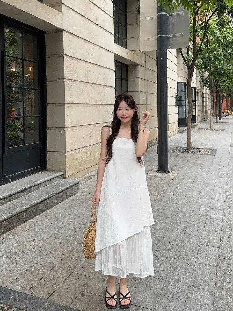 Damen Ärmelloses Weißes Midi-Kleid Locker Geschnittenes Mehrlagiges Rüschensaum-Kleid Lässiges Sommer-Strandkleid