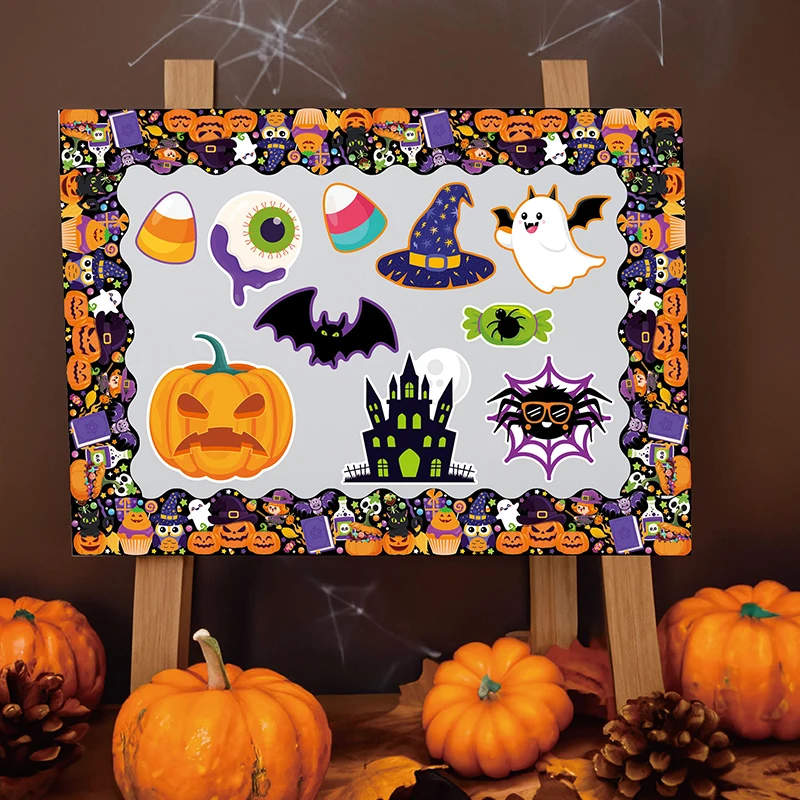 81 Pcs Happy Halloween Cutouts For Bulletin Board Decor Set With Border- Halloween Themed Pumpkin Spider Ghost Witch Paper Cut-O