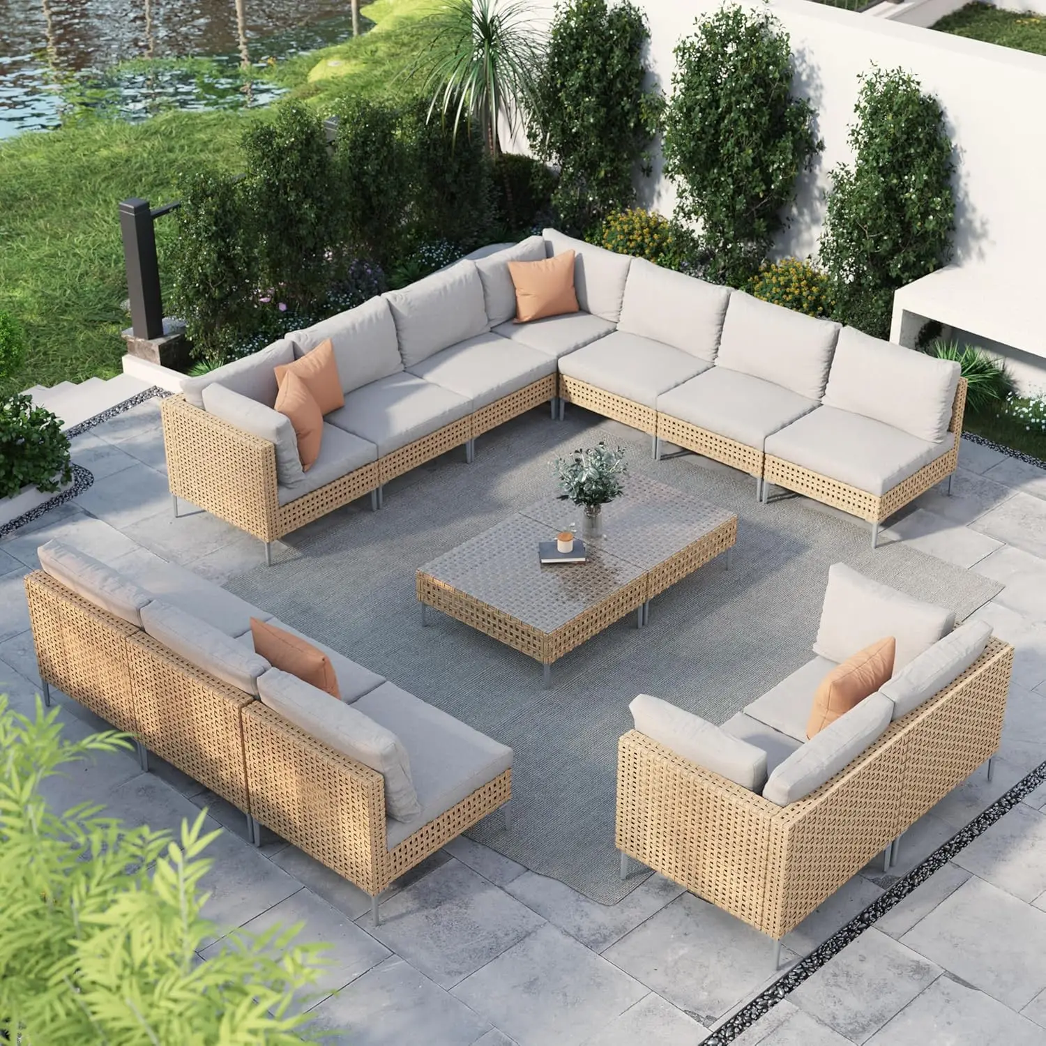 14-Pcs Wicker Patio Furniture Set, Boho Outdoor Set Sectional Sofa w/ Water Resistant Beige Thick Cushions & Coffee Table, Beige