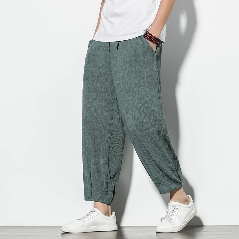 

Ice Silk Men's Summer Ultra-Thin Breathable Sport Pants Wide Leg Harlan Nine Points Linen Cool Feeling Pants Loose Fit Casual...