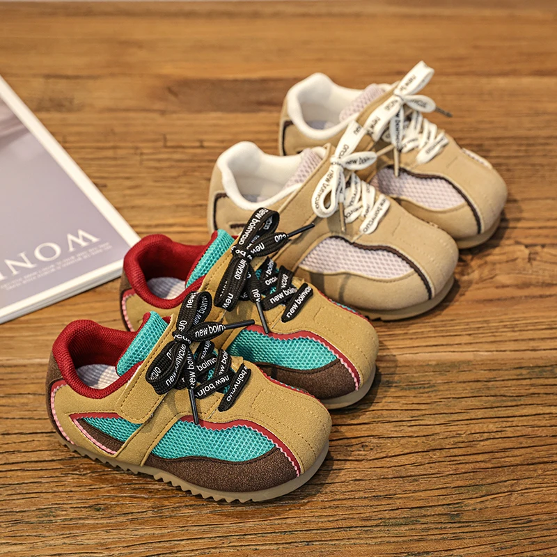 

Toddler Kids Vintage Color Block Suede Mesh Sneakers Retro Running Trainers Printed Lace Up Adjustable Velcro Strap Non-Slip Fle