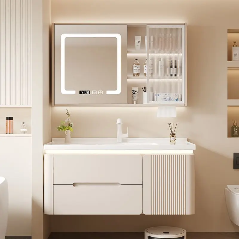 Oak door panel cream wash basin cabinet combination bathroom cabinet ceramic integrated basin bathroom washbasin induction