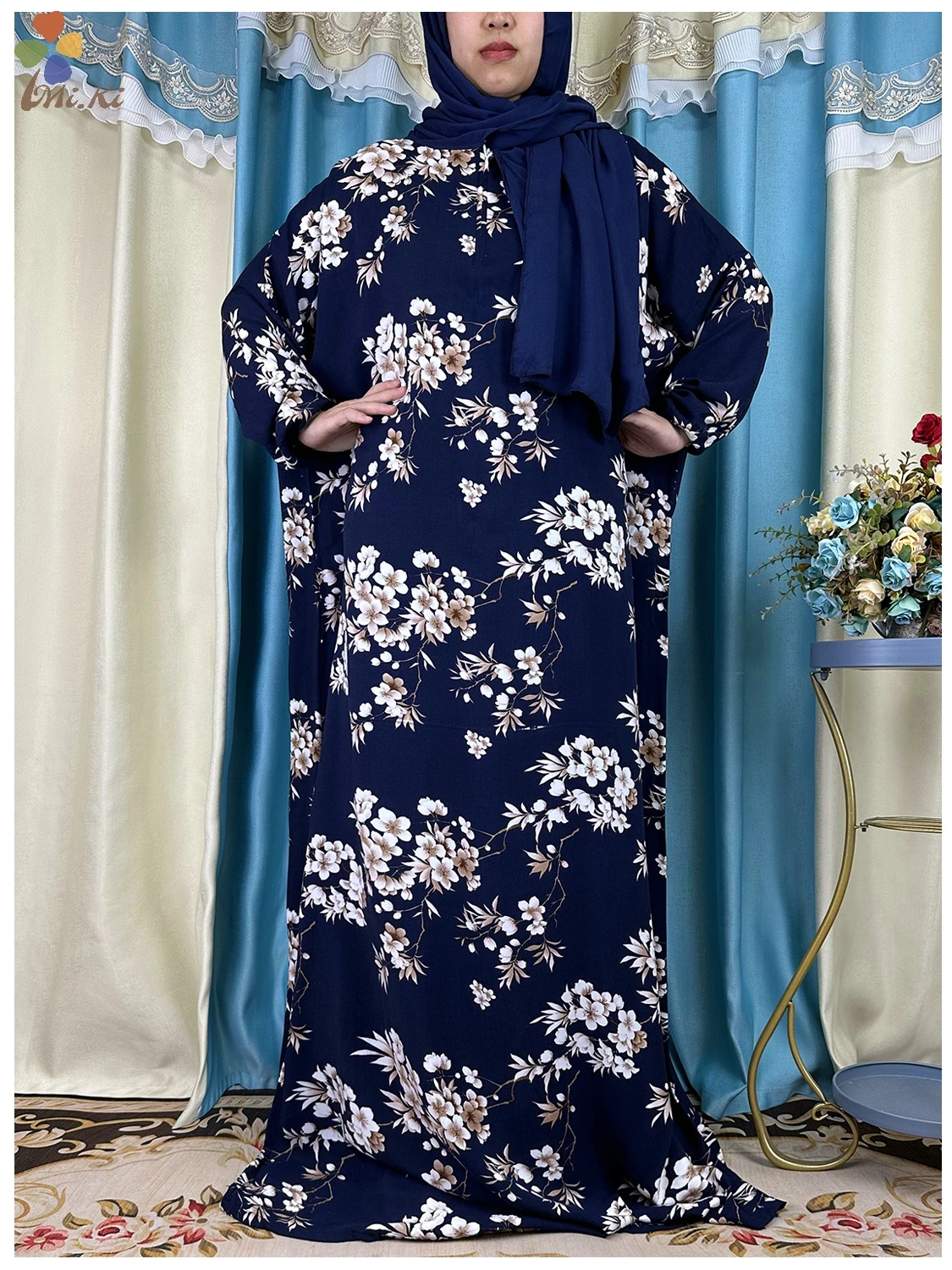 

New African Abaya Woman Dress Ramadan Prayer Clothing Turkey Middle East Femme Robe Floral Loose Muslim Rayon Dress Turban Joint