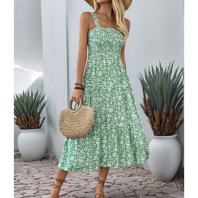 Abito lungo senza maniche estivo da donna sexy Boho Elegante scollo quadrato con stampa floreale Vestito estivo da spiaggia Abiti maxi senza schienale della Boemia