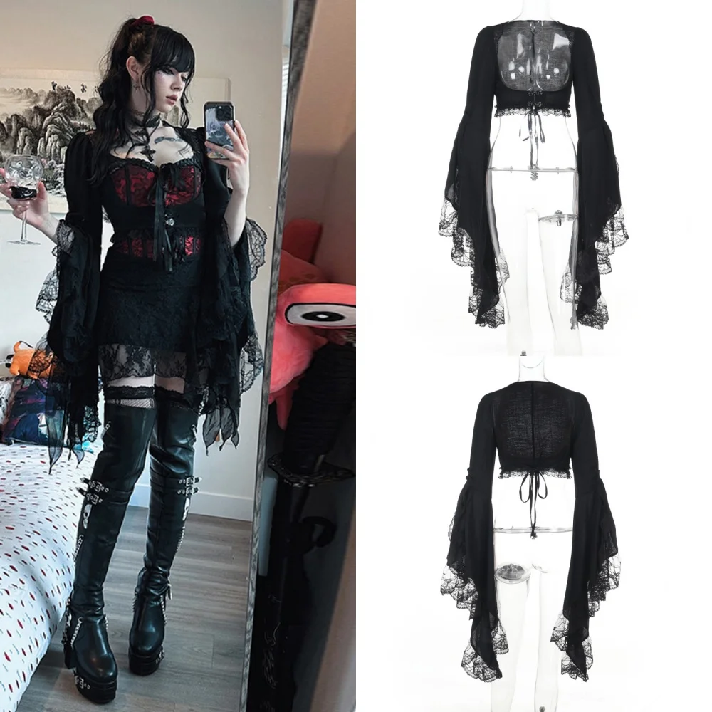 الظلام القوطية غير النظامية الدانتيل سترة 2025 جديد كل مباراة متوهج كم بلوزة الإناث ملابس حريمي المتضخم تي شيرت القوطي #1