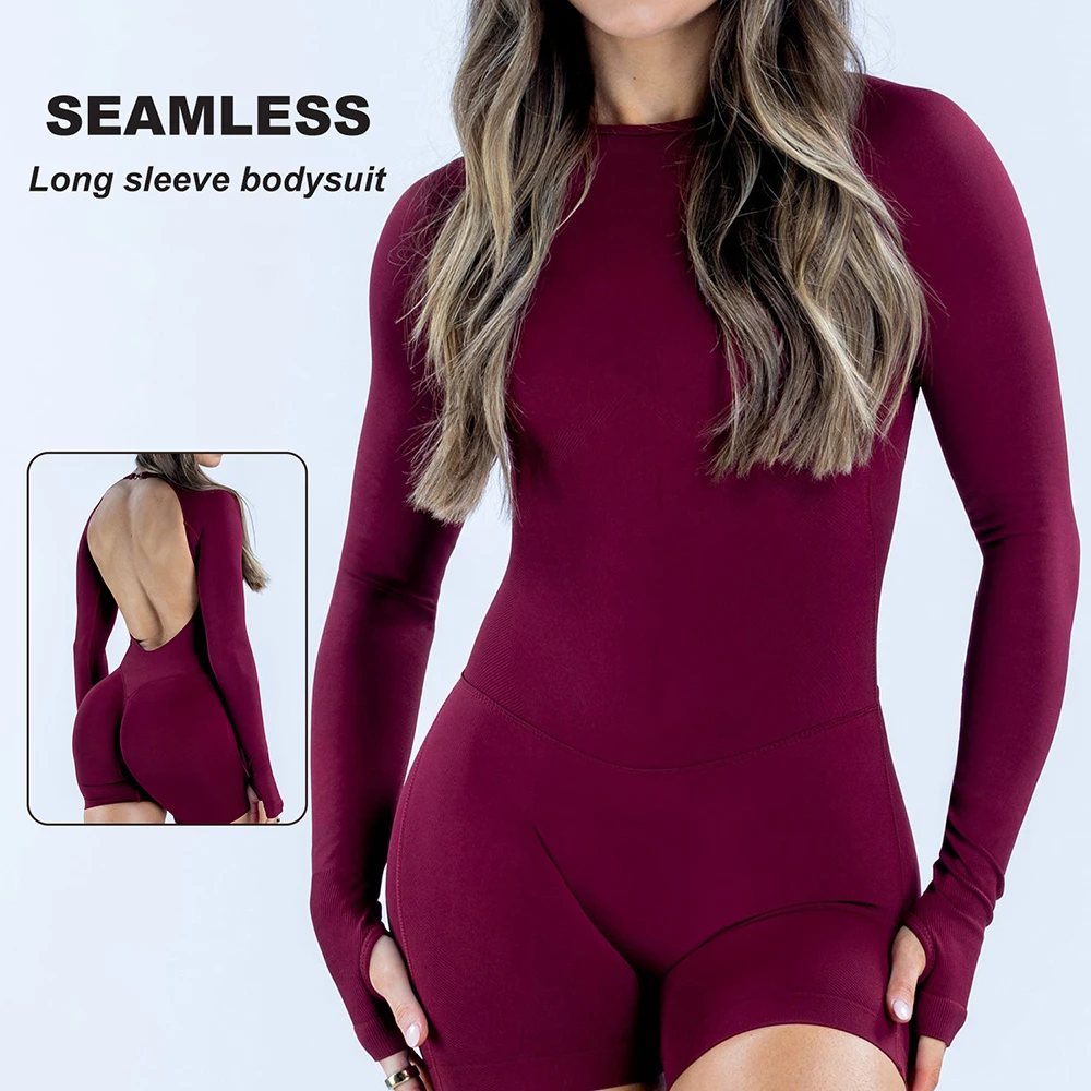 Seamless Long Sleeve One Piece Gym Clothes Padded Yoga Bodysuit Open Back Fitness Workout Jumpsuit Scrunch Butt Sportswear Woman