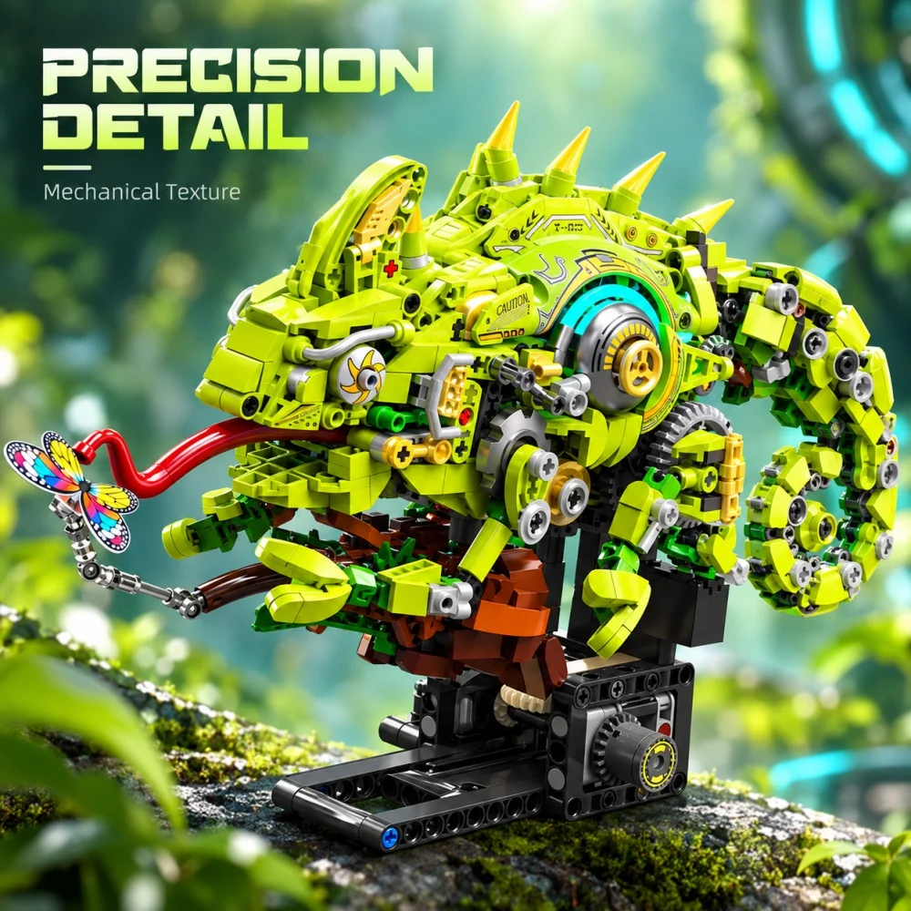 Technical Chameleon Mechanical Animal Building Blocks 1315Pcs, MOC Gear Linkage Lizard, STEM Creative Desktop Display Gift