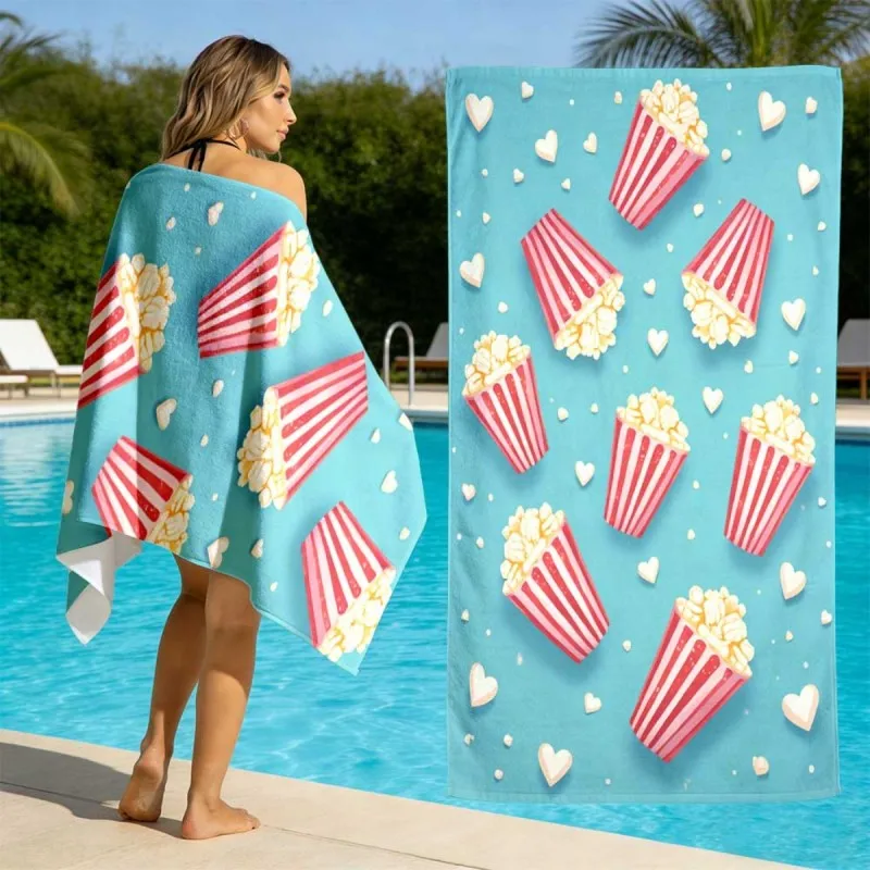 Light Blue Popcorn Box Small Heart All Over Print Microfiber Beach Towel Cute Food Theme Quick Dry Bath Towel