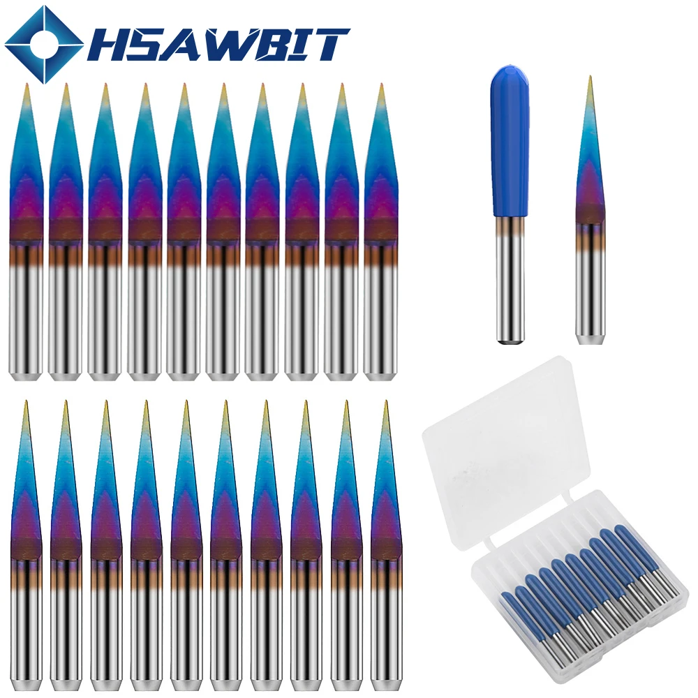 Cuchillo de grabado afilado de fondo plano azul, 3.175mm x 28mm, 10/20 grados, cortador, Graver para PVC, madera, corte de PCB, 10 unids/set