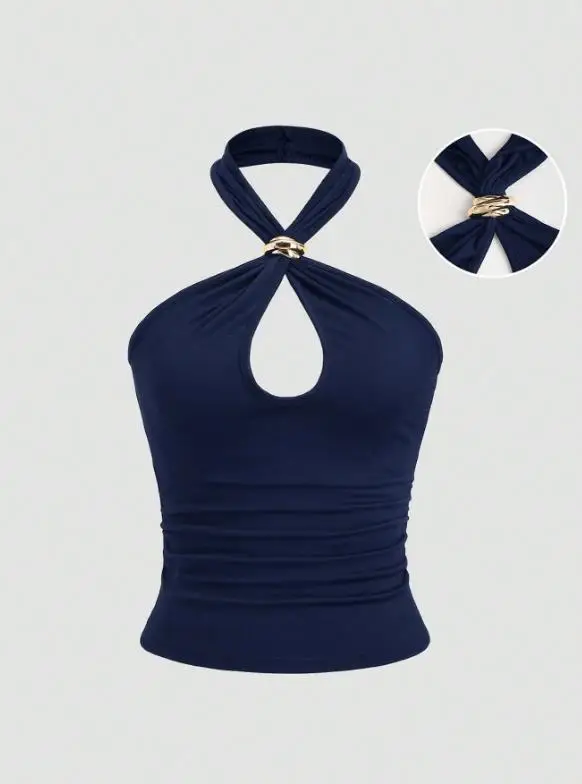 

New women's gold buckle decoration hanging neck hollow vest for summer 2026, sexy and pure interior, ultra short top