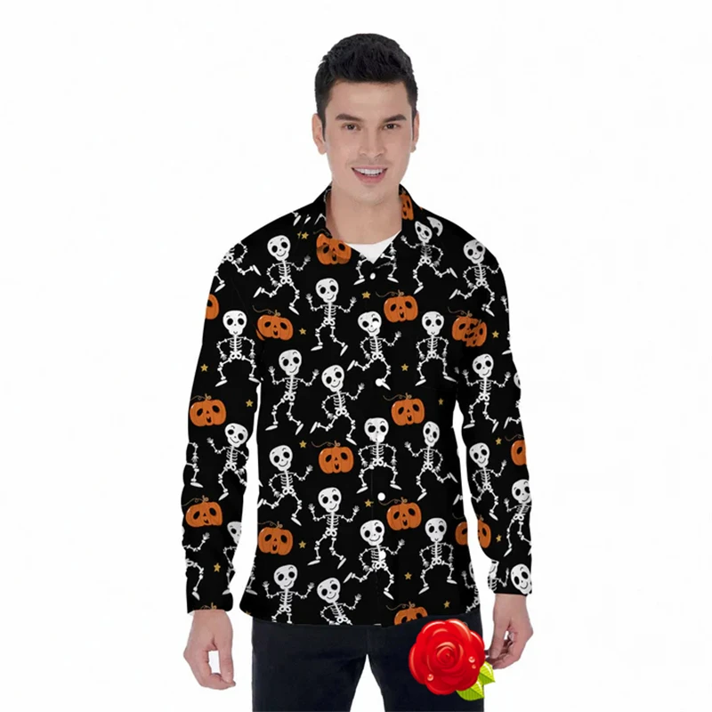 New Halloween 3D Printed Pumpkin Pattern Long Sleeved Buttondown Clothing Casual Holiday Party Shirt Fashion Mens Streetwear