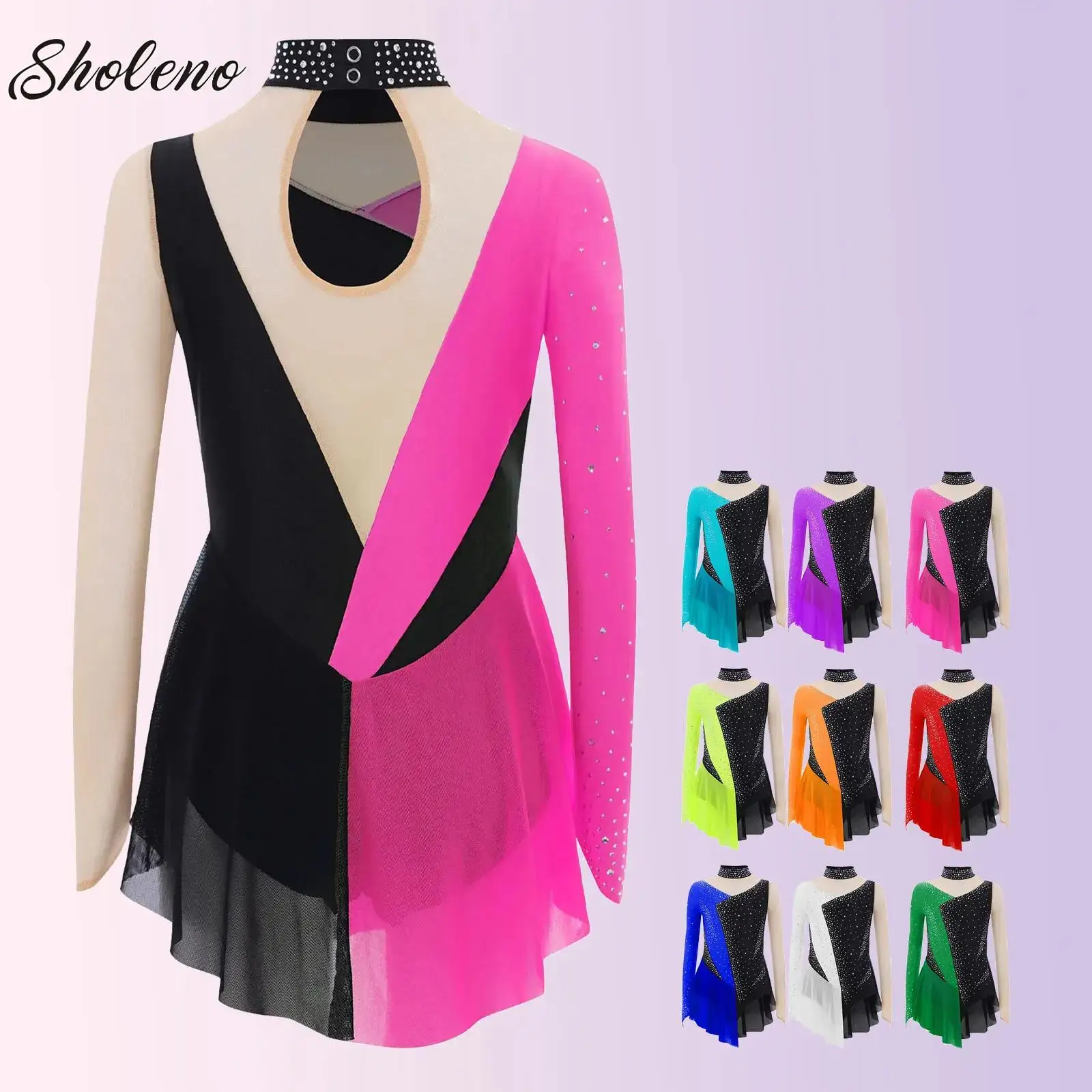 

Kid Girls Figure Skating Rhythmic Gymnastics Leotard Dress Asymmetrical Shiny Rhinestones Contrast Color Bodysuit Ballerina Wear