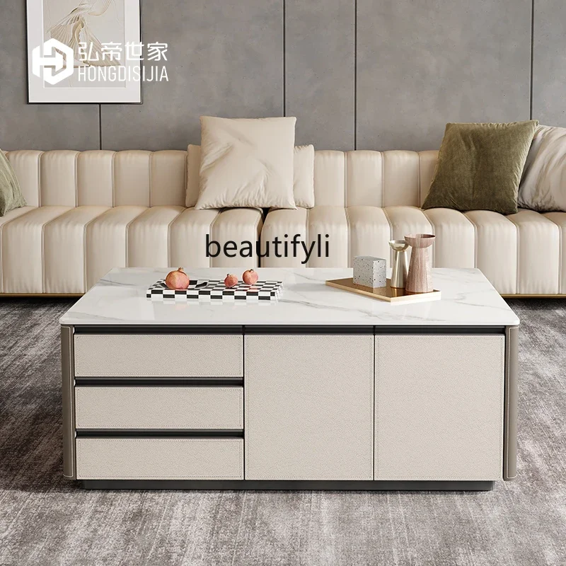 Saddle leather high style living room storage coffee table TV cabinet combination solid wood rectangular tea table