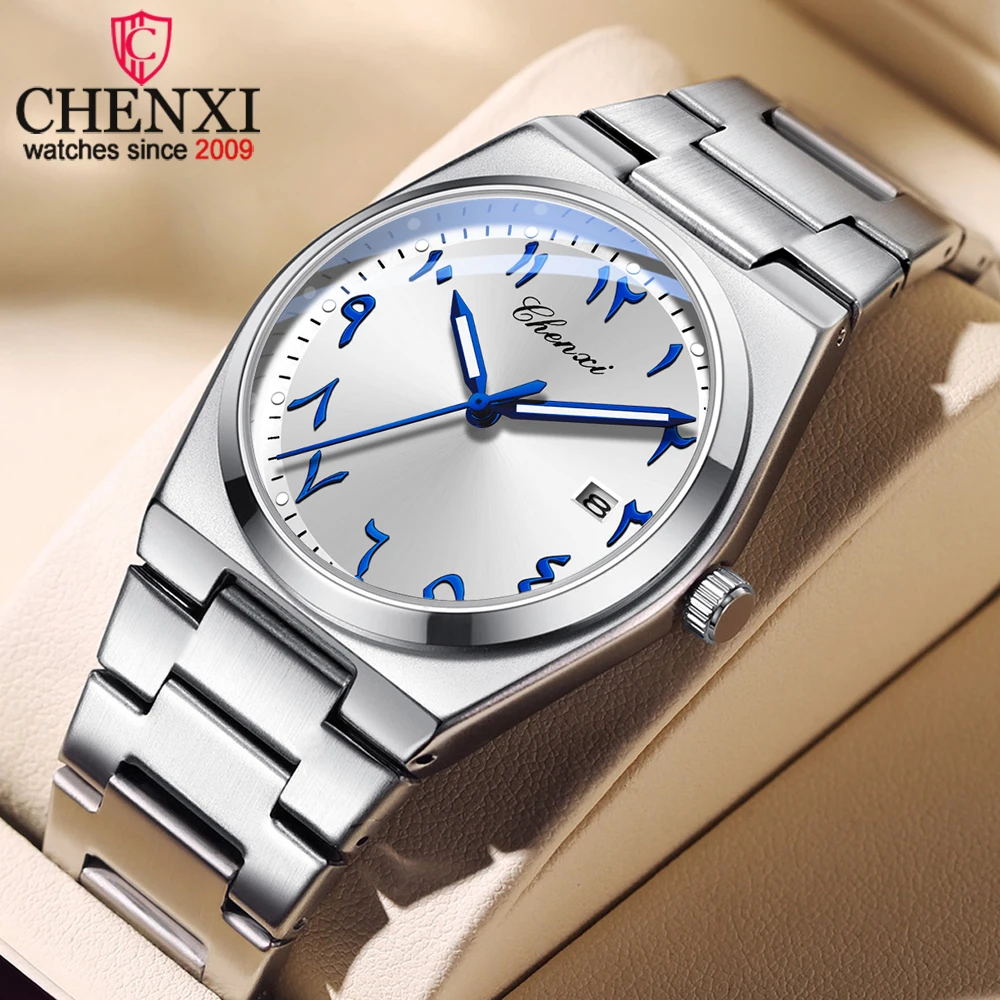 첸시 패션 남성용 쿼츠 시계 스틸 방수 야광 크로노그래프 날짜 스테인리스 스틸 손목시계 스타일리시한 일상 착용용