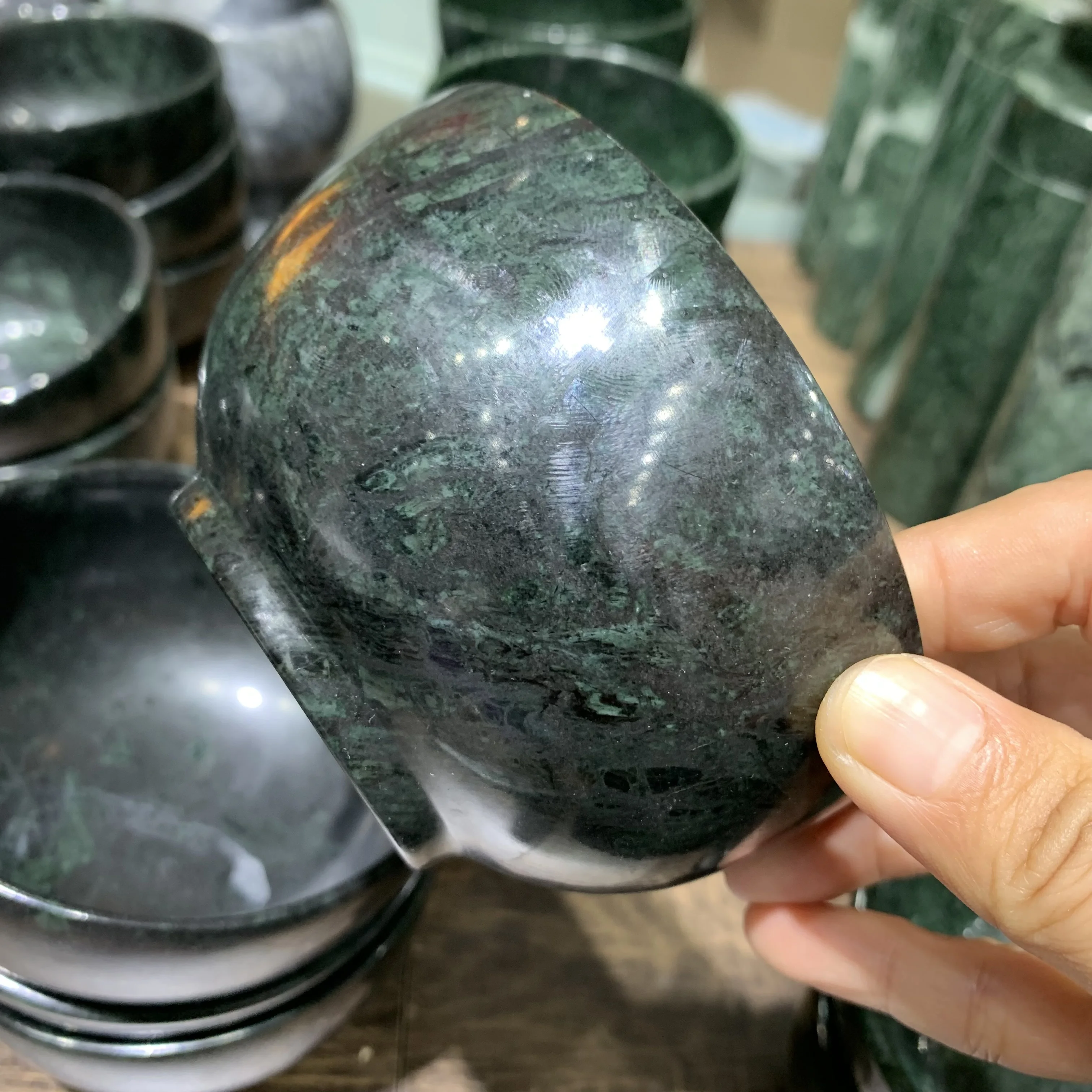 Naturla Tibetan Jade bowl Hand-Carved Round Dark Green Jade bowl for Kitchen utensils