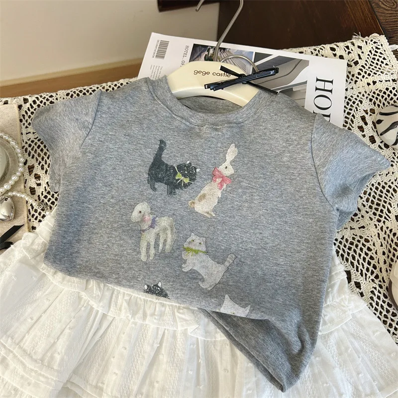 Camiseta de manga corta para niña, ropa de estilo coreano, Top de dibujos animados, Top de moda, novedad de verano 2024