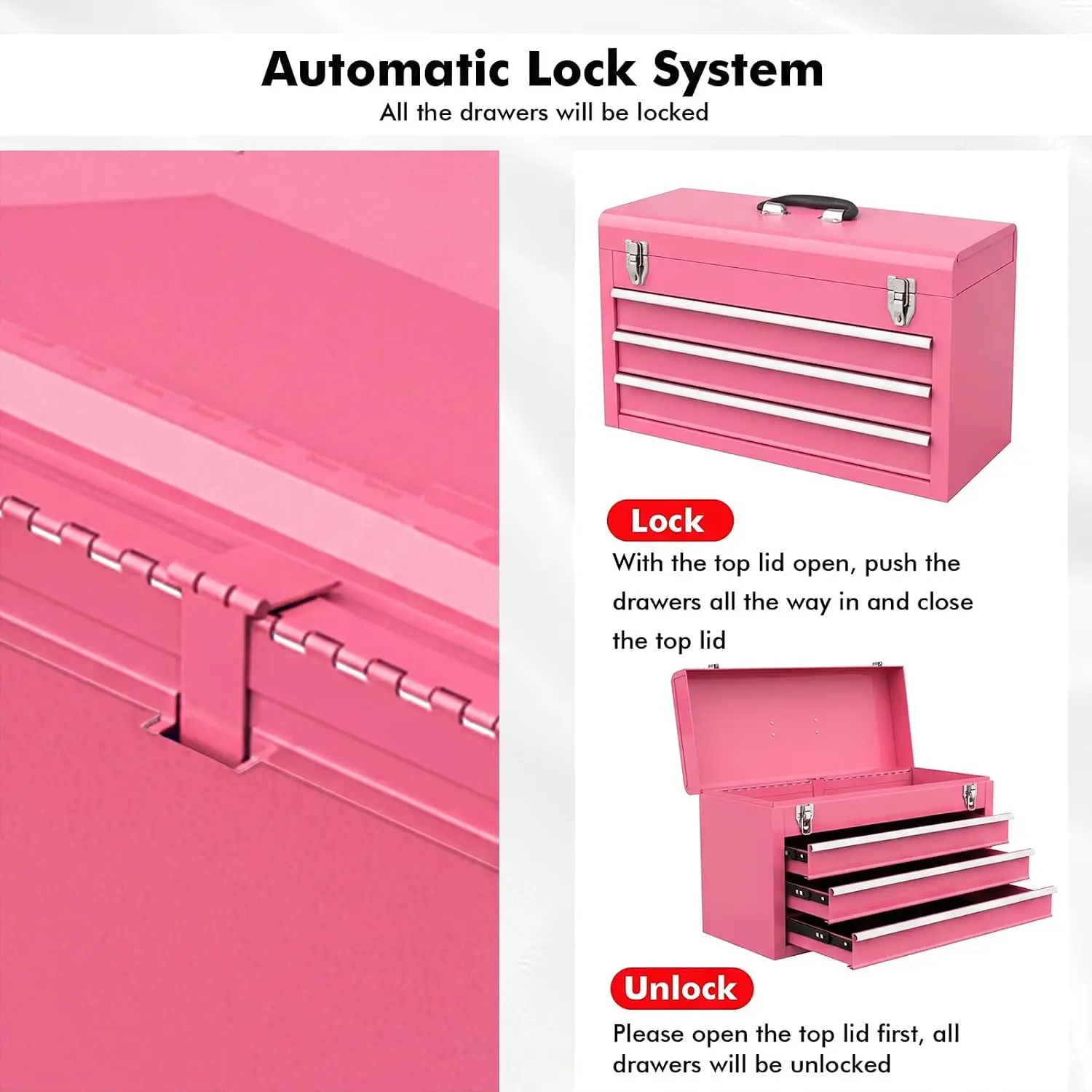 Goplus Pink Tool Box with 3 Drawers, 4-Tier 20.5