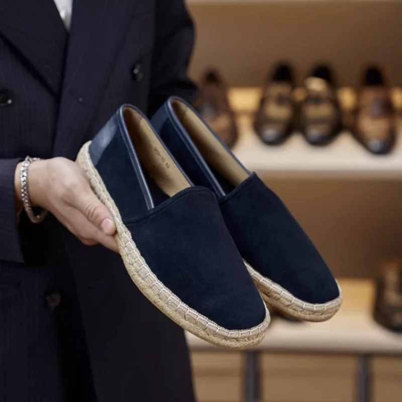 Summer Linen Straw-woven Leather Fisherman Shoes For Men Casual Slip-on Slipper Shoes Handmade Suede Loafers