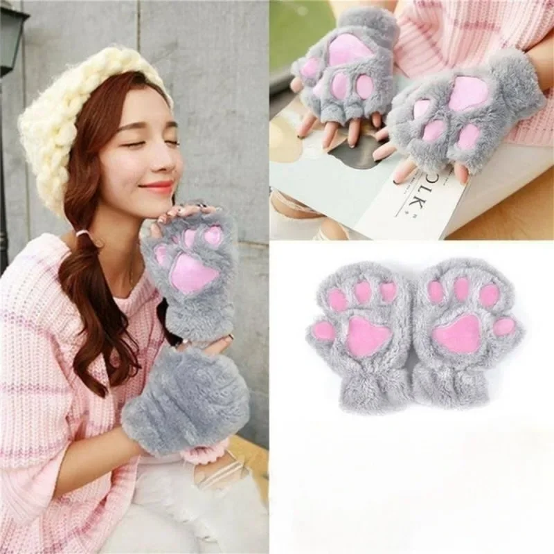 Warm Lovely Cat Claw Paw Mitten Plush Gloves Winter Soft Short Finger Half Gloves Bear Costume Half Finger Gloves Gift