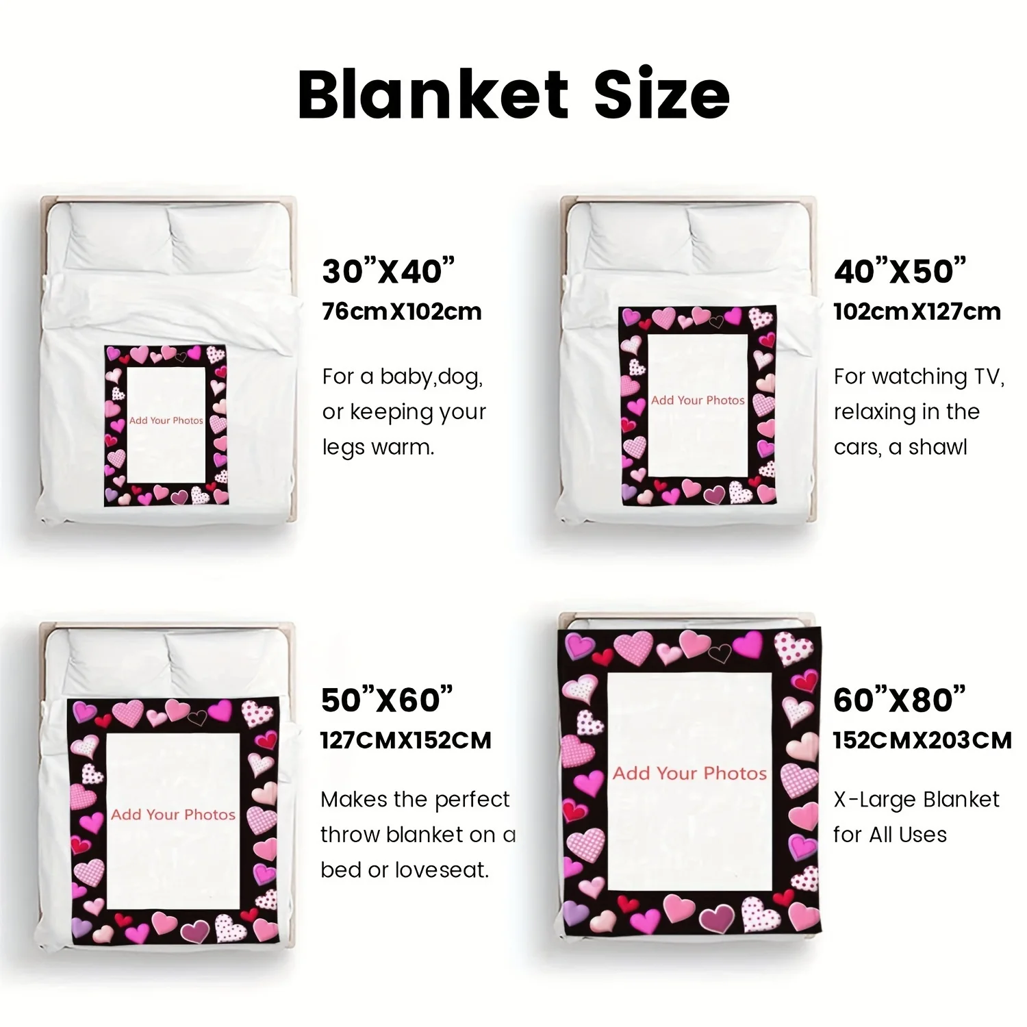 A personalized heart-shaped photo collage blanket made of ultra soft cotton, customizable to fit your own picture