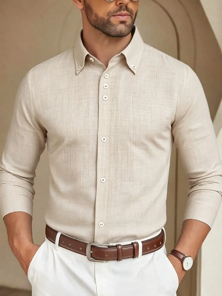 Men's linen long sleeved shirt with buttoned collar and slim fit, daily commuting and vacation breathable top