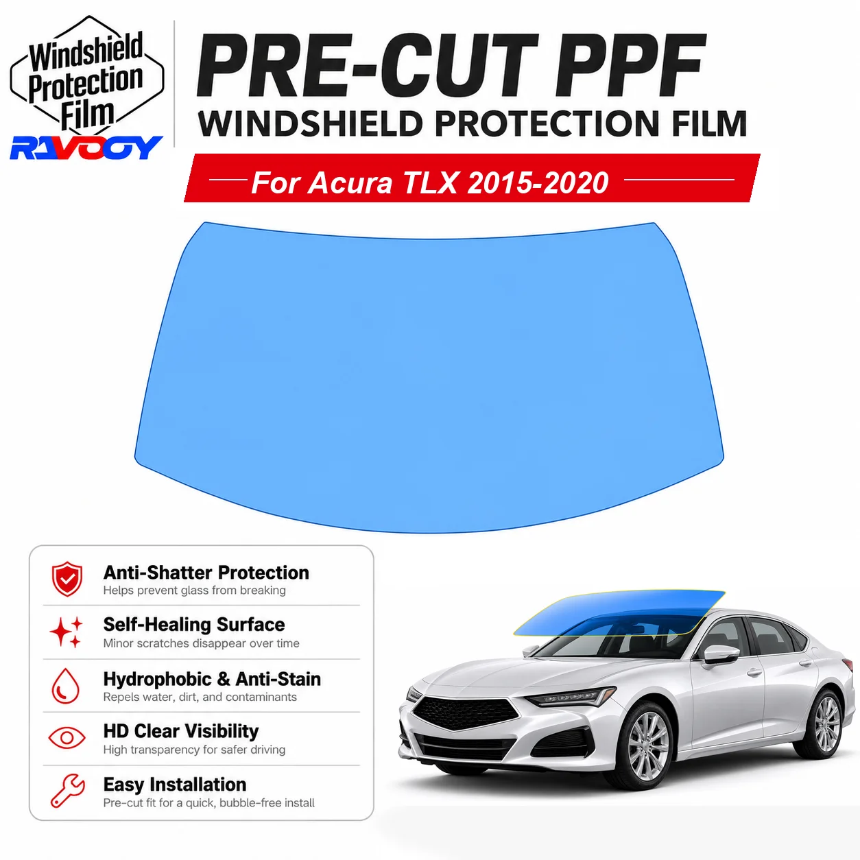 RAVOOY Pre-Cut Front Windshield Protection Film For Acura TLX 4D Sedan 2015-2020 6.5mil Clear TPU UV Blocking Hydrophobic Kit