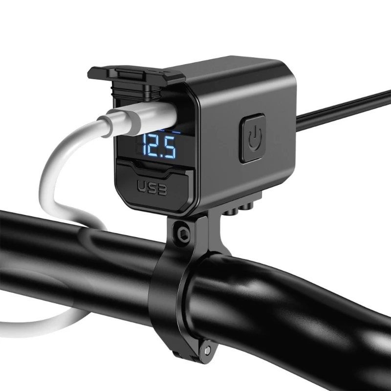M68B Type-C Motorcycle Charging Socket with USB-A Port Access, Blue Battery Monitor, 12-22 mm Handlebar Bracket and Metal