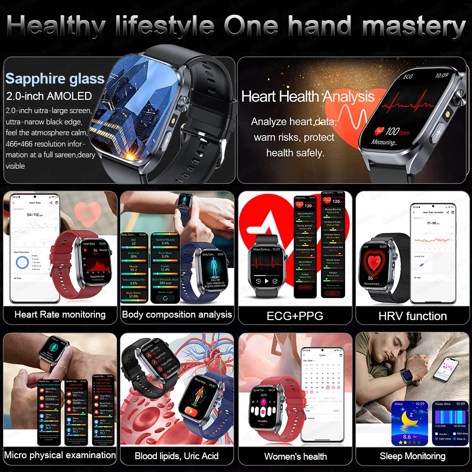 2025 New ECG+PPG Clock Women Men Uric Acid Blood Pressure Blood oxygen Body Analysis Body Fat BT Call LED Flashlight Smartwatchs