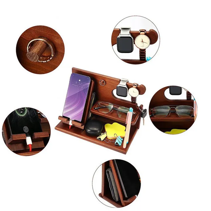 Wooden Mobile Phone Holder Desktop Storage Rack Multifunction Shelf Sundries Tray Charging Station Organizers Storage for Gift