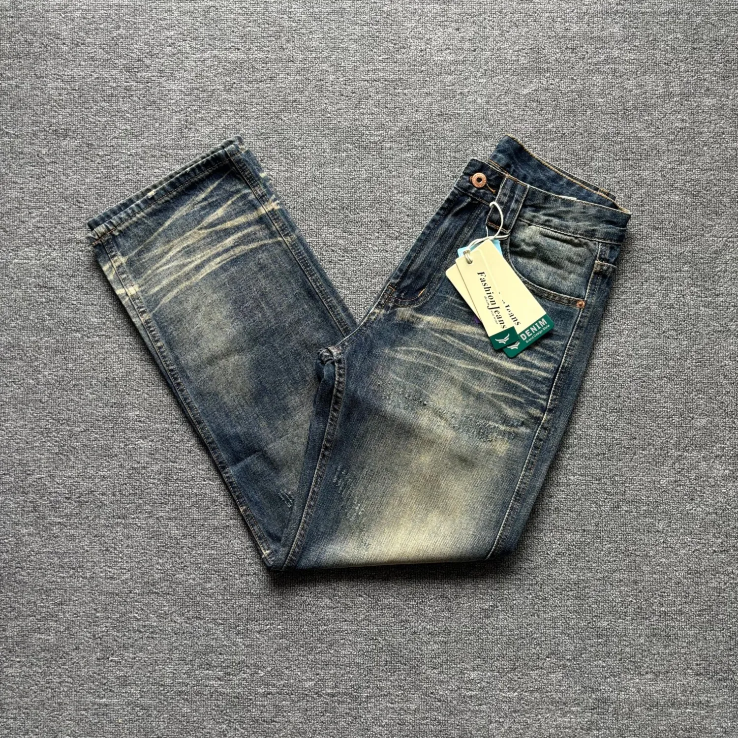 American high street retro splicing raw edge work jeans loose straight wide leg jeans
