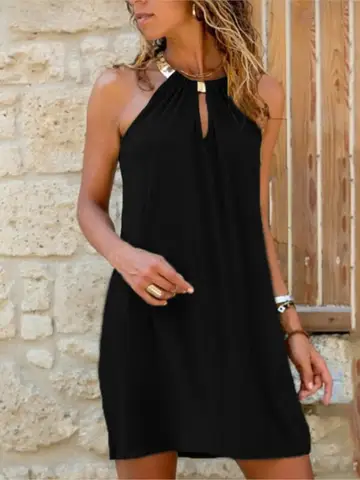 Sommarmode Nya Dam Sexiga Hängande Hals Ärmlösa Ihåliga Enfärgade Casual Paljett Slim Fit Kort Klänning 10 best sales bronsklänning - №8