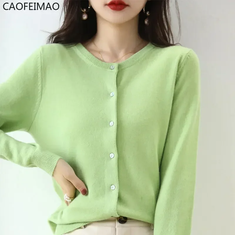 

Кардиган, свитер, шерстяное пальто, весна-осень 2023, новый вязаный однотонный кардиган с круглым вырезом, свободный низ с длинными рукавами, корейская версия