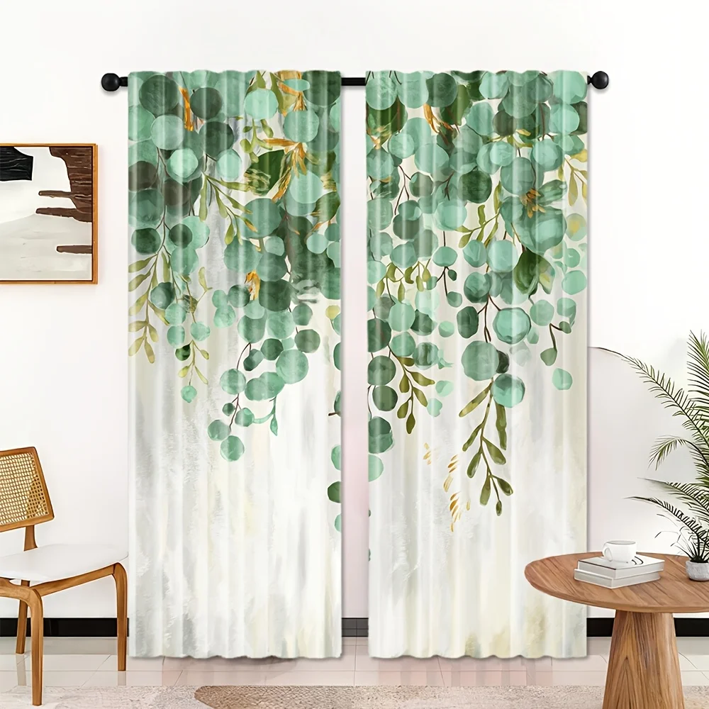 2pcs Green Plant Print Curtains u2013 Elegant Spring Bedroom Decor, Semi-Transparent Polyester Fabric with Botanical Design, Rod