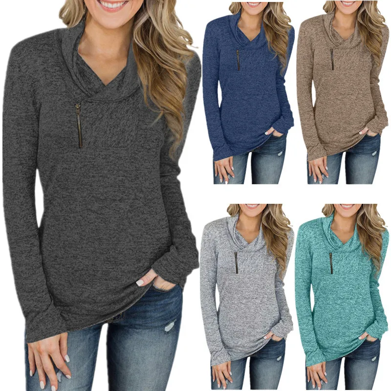 

Autumn and Winter New Women's T-Shirt Solid Color Long-Sleeved Pullover Zipper All-Match Fashion Casual Slim Top