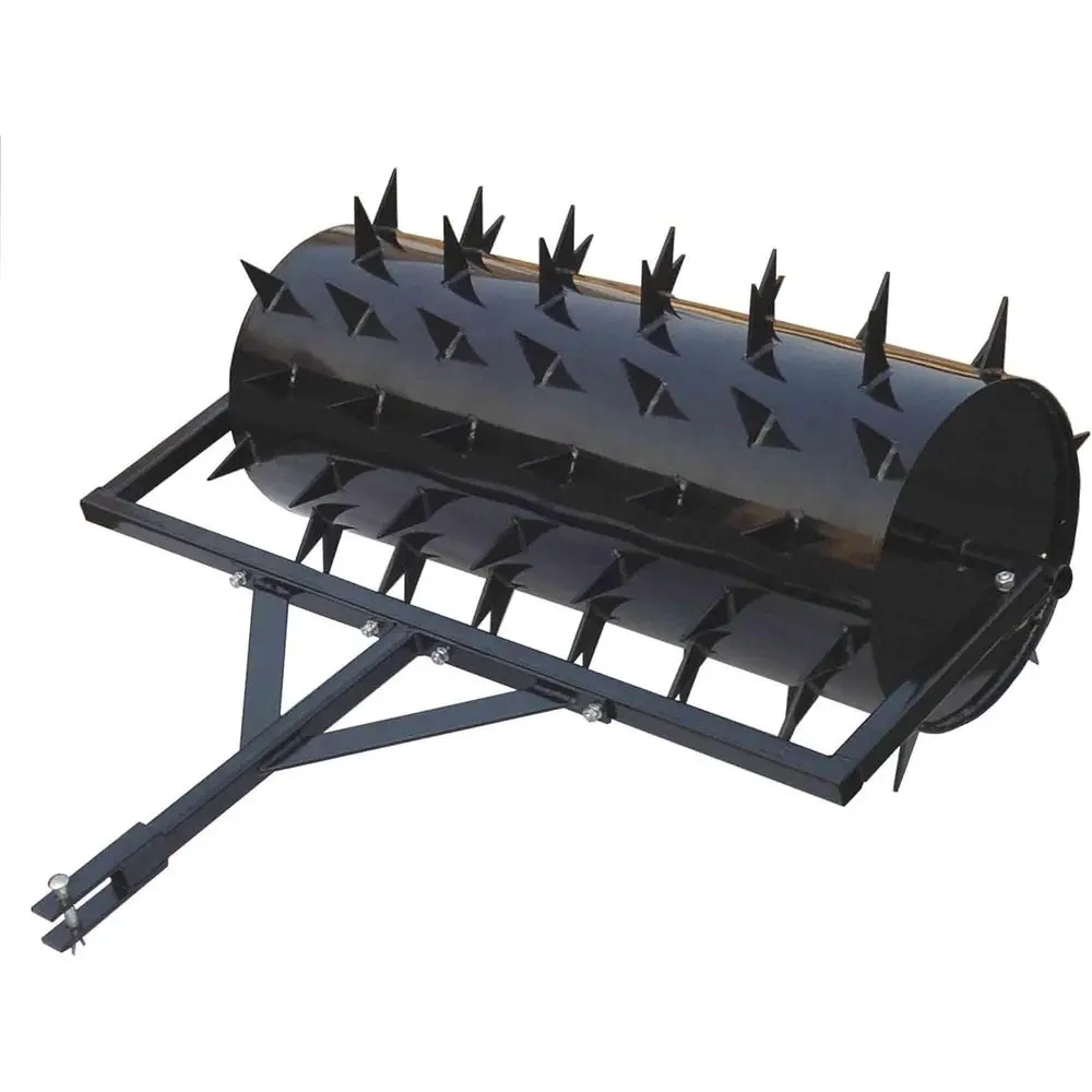 

48 Drum Spike Aerator with Pin Hitch and Lawn Roller Attachment for Lawn, Patio, and Gardening Essentials in Black