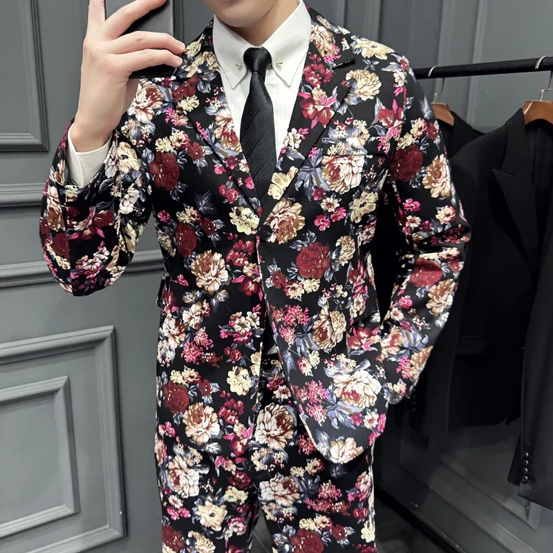 Navy Men Printed Suit Two Piece, Single Button V Collar Cotton Jacket with Trousers,Suitable for All Seasons,Asian Size Male Set