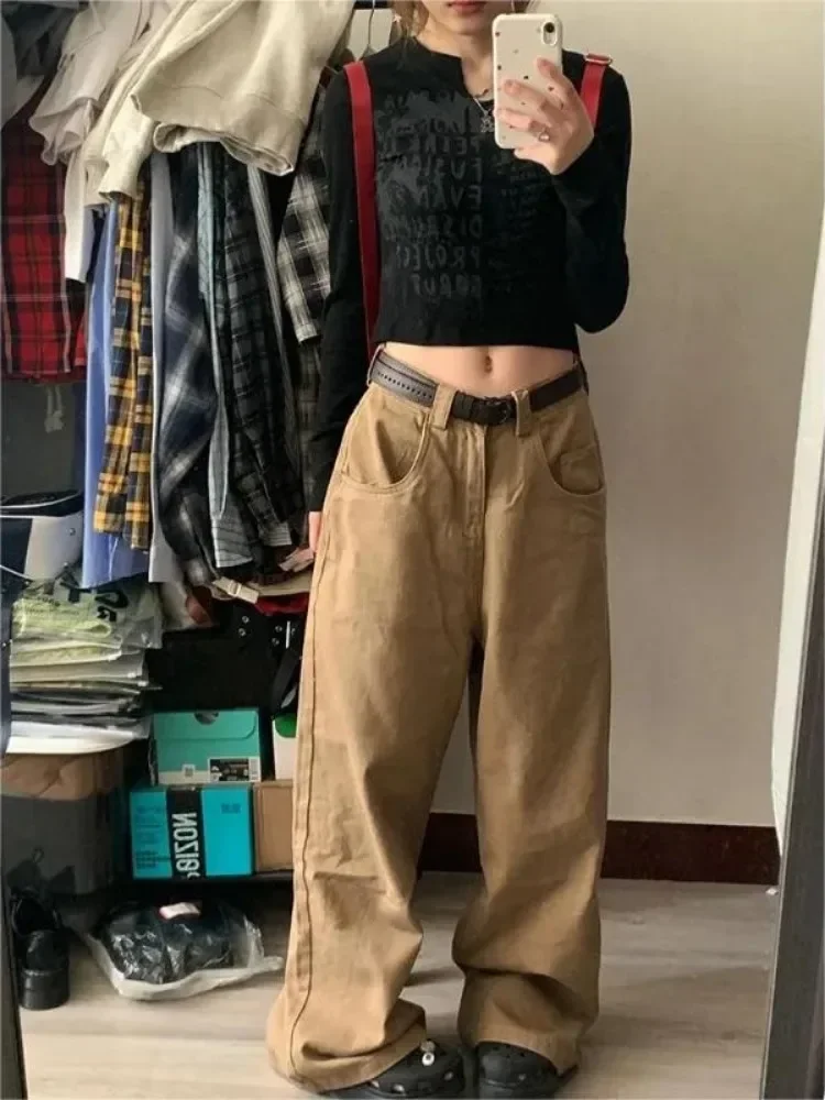 HOUZHOU Y2k Vintage Brown Woman's Cargo Jeans Oversize Japanese 2000s Style Spring Trousers Harajuku Korean Wide Denim Pants