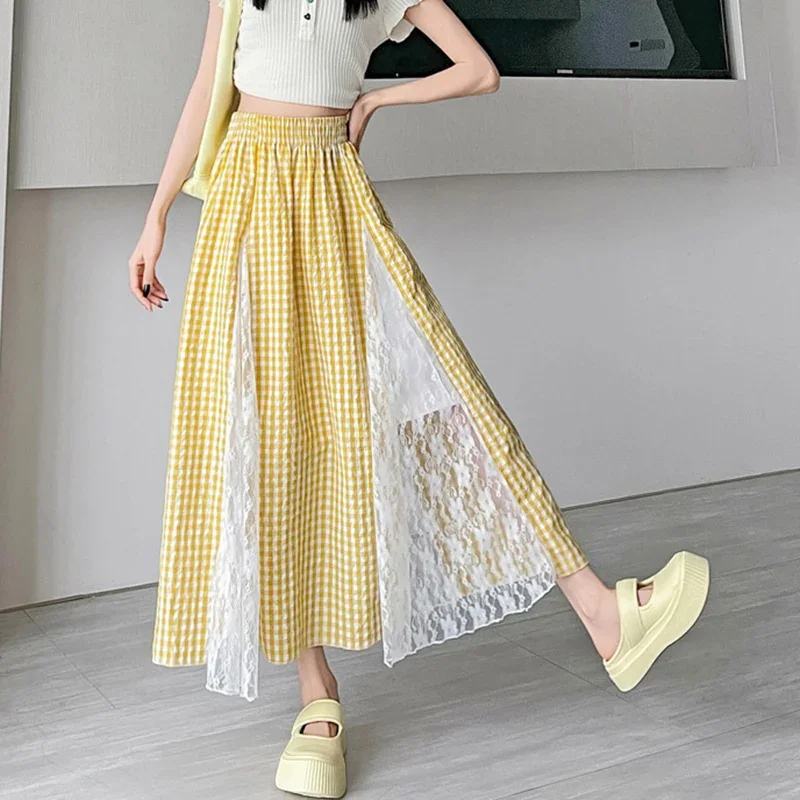 Korean Lace Patchwork Plaid Skirts Women Summer Sweet High Waist A Line Skirt Woman 2025 Fashion Pleated Loose Long Skirts Mujer