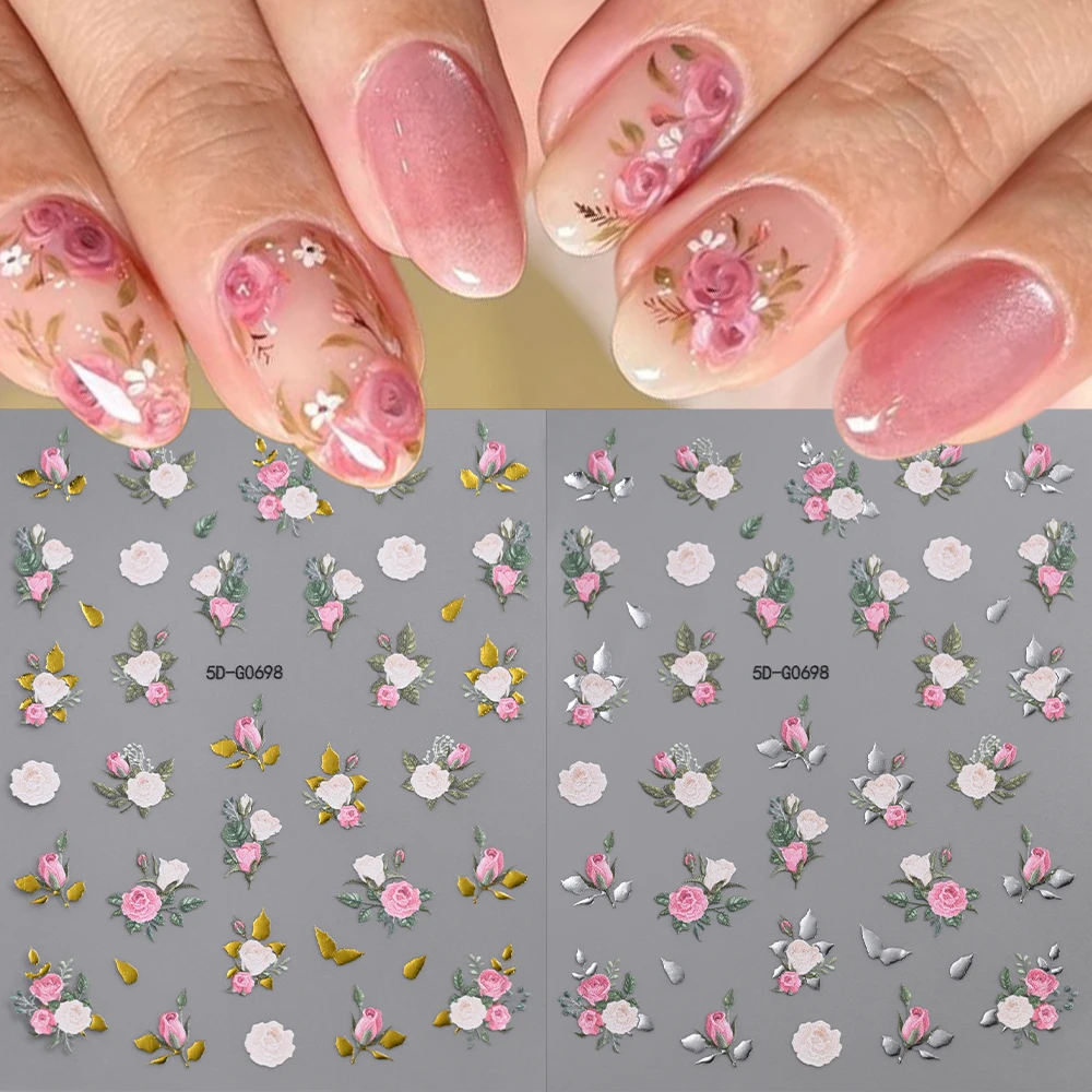 1 Stück 5D Rosa & Weiße Rosen Nagelkunst-Aufkleber Elegante Pfingstrosen Selbstklebende Nagelsticker für Romantische Valentinstag-Maniküre